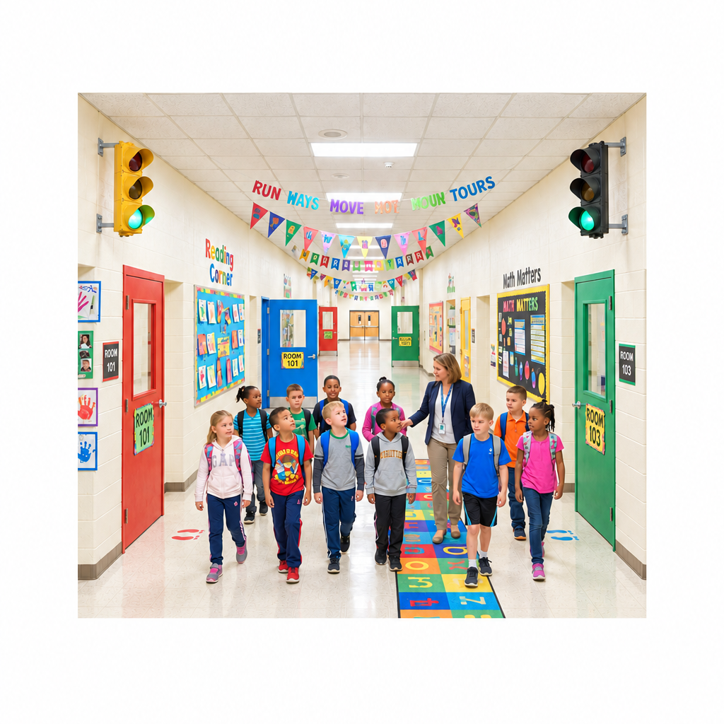 School hallway scene with L-bracket mounting