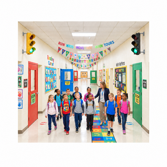 School hallway scene with L-bracket mounting