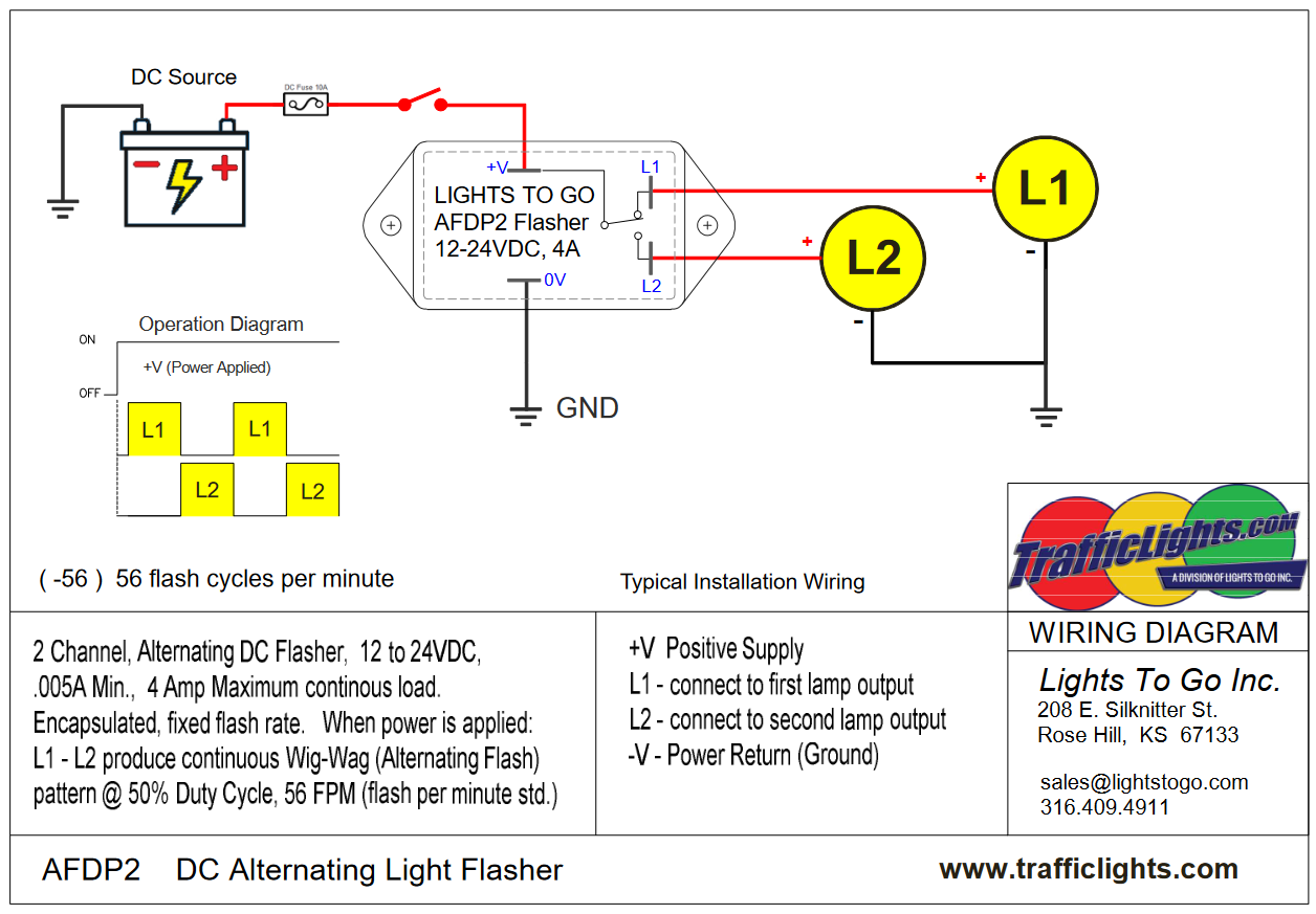 AFDP2 Wiring diagram for alternating DC traffic lights and warning beacons.
