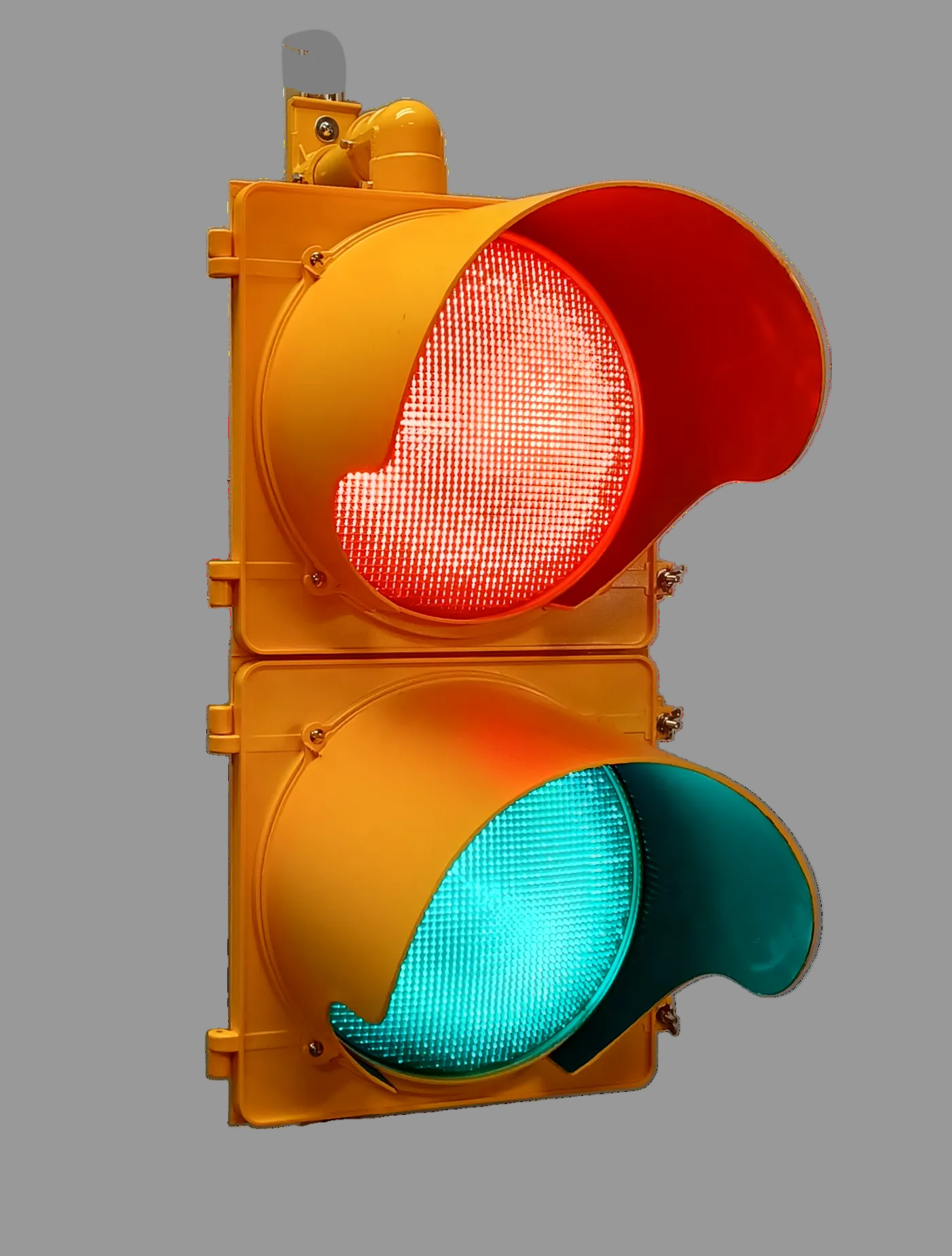 Traffic light showing red on top and green on bottom with a white background