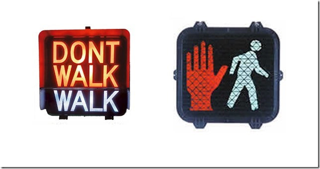 Two traffic lights showing 'Don't Walk' and 'Walk' with a hand and pedestrian icon on a white background.