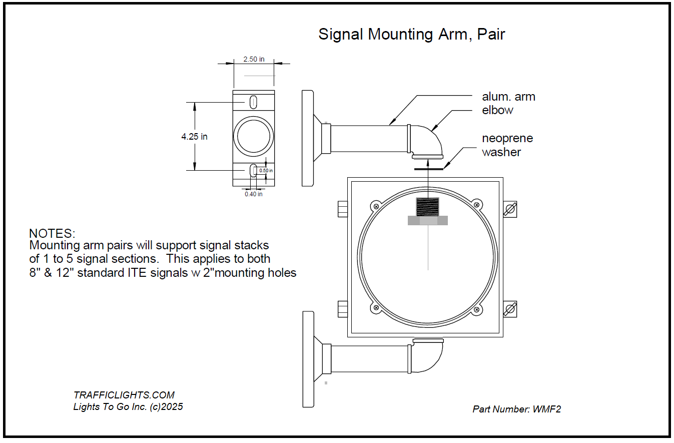 Technical drawing of a signal mounting arm with dimensions and labels.