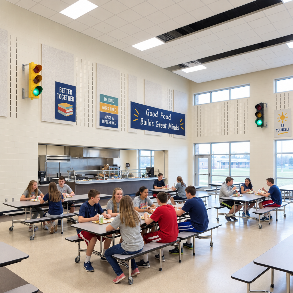 Cafeteria scene with L-bracket mounting and school decor