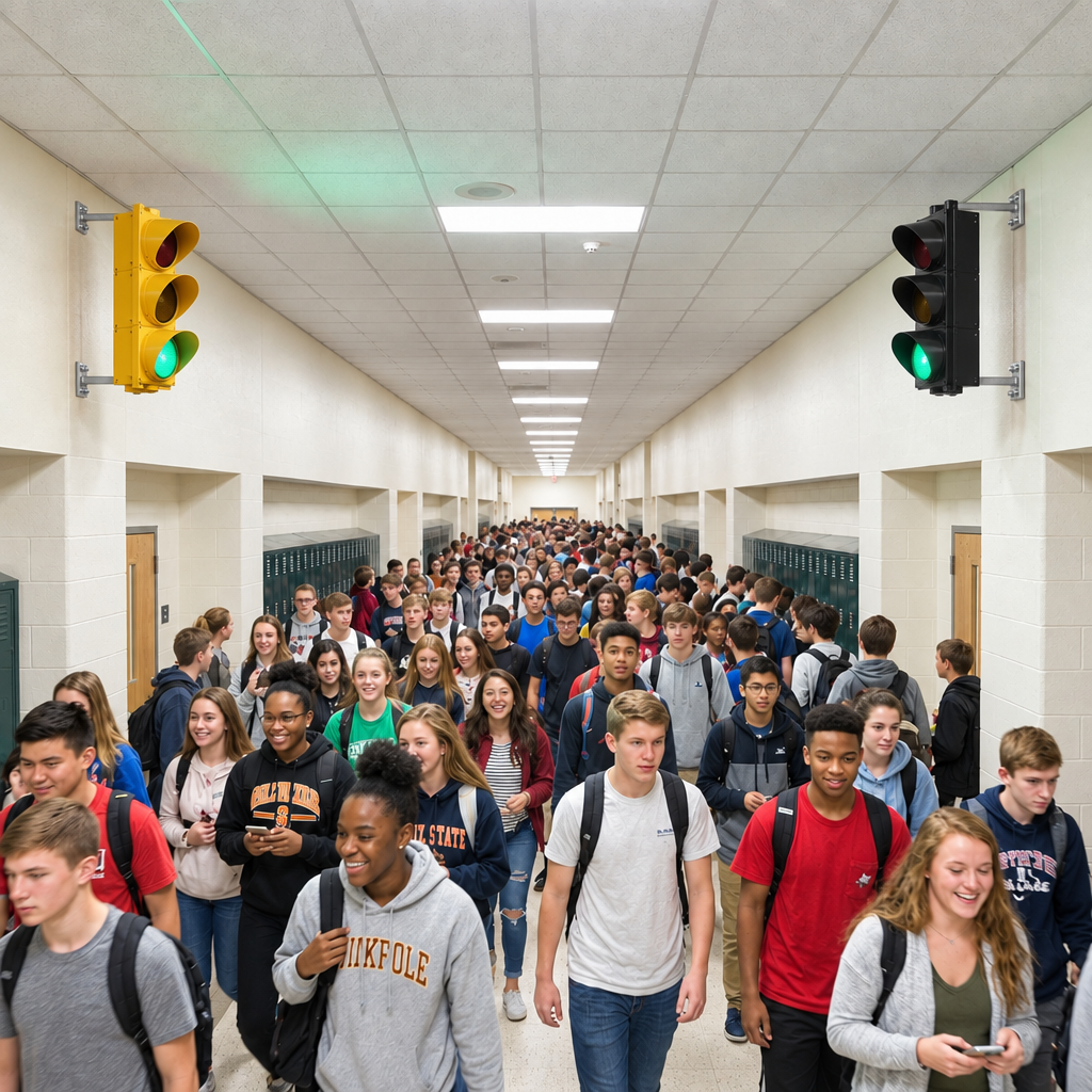 Crowded hallway scene with L-bracket mounting