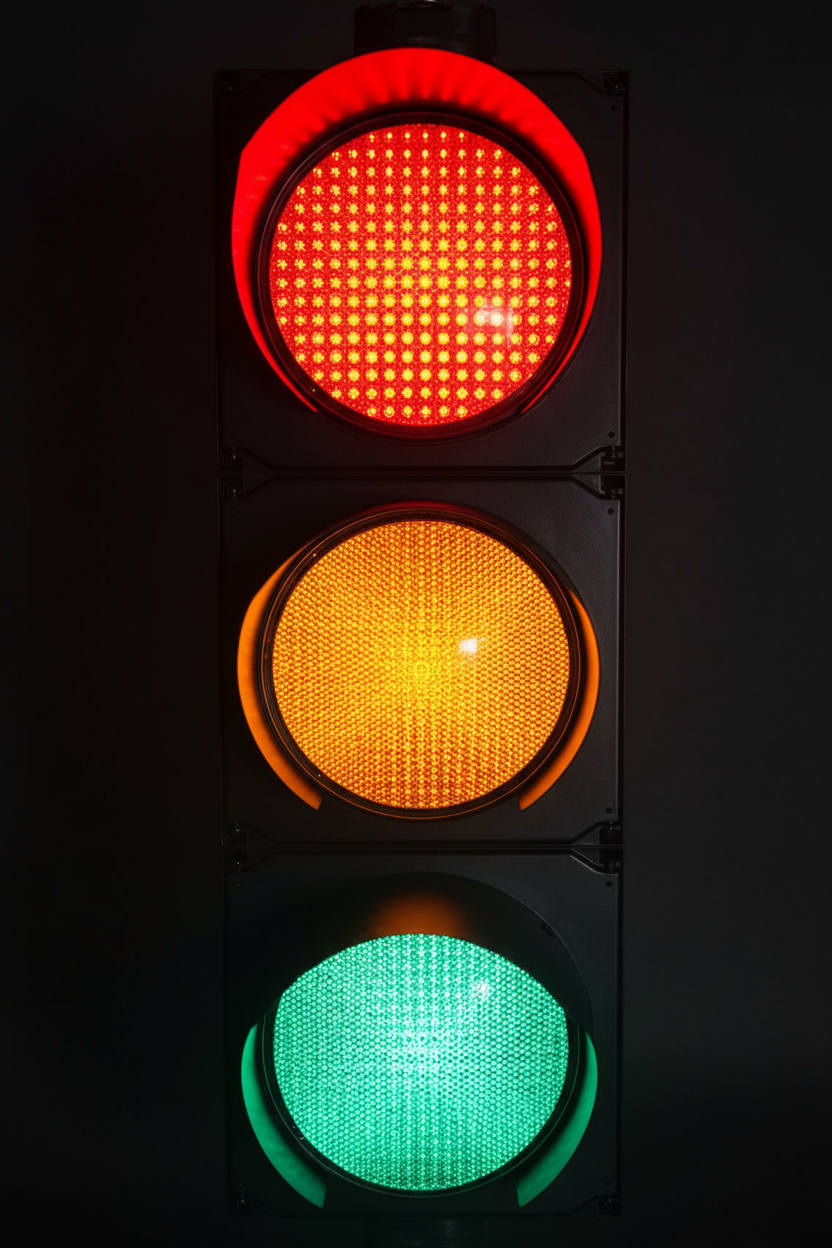 HPB200-RYG gloss black RYG industrial LED traffic signal Close Up Dark Background