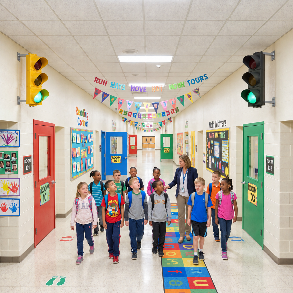 School hallway scene with L-bracket mounting