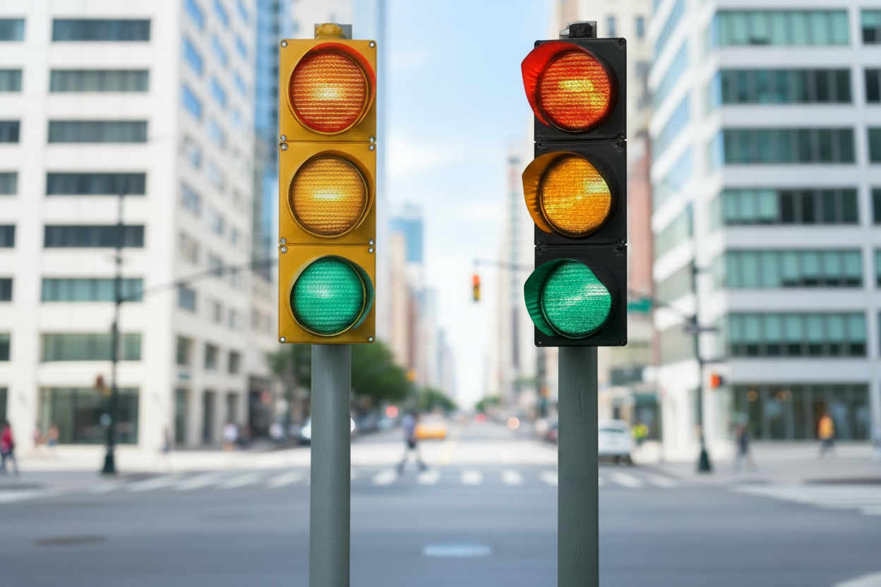 Traffic Signals — White Modern Buildings Background