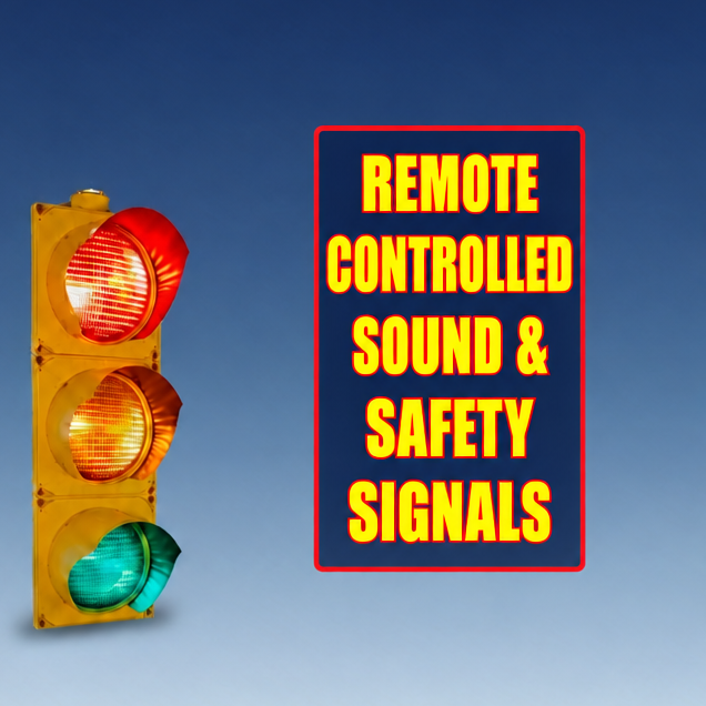 Vertical framed yellow title between the signals