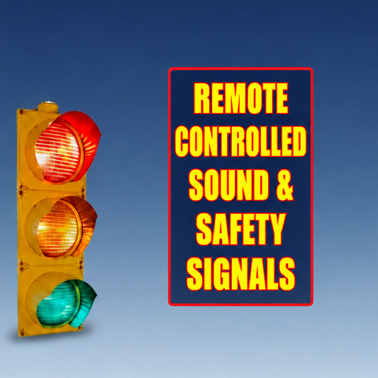 Vertical framed yellow title between the signals