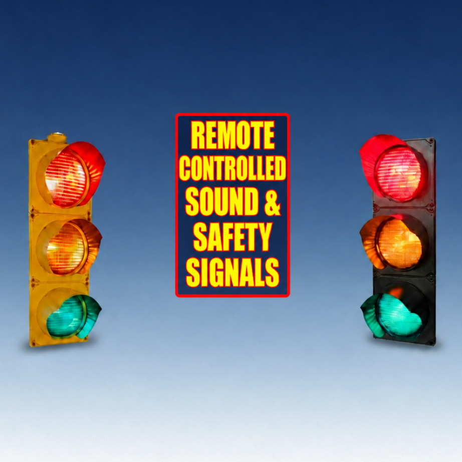 Yellow and black three-section traffic signals with a framed vertical yellow title between them.