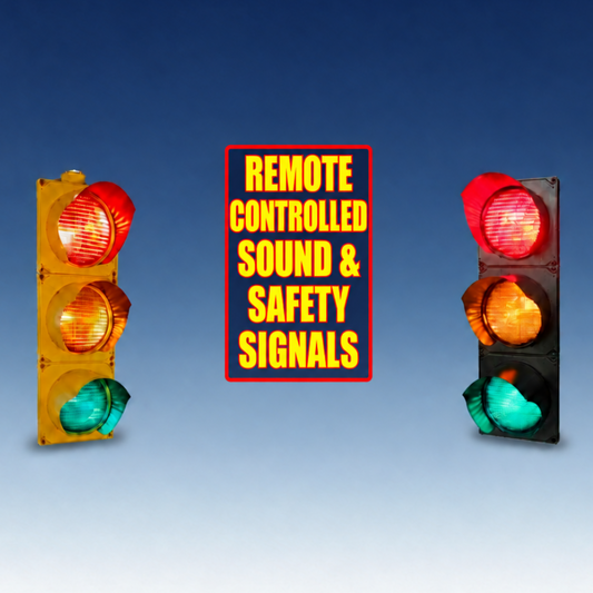 Yellow and black three-section traffic signals with a framed vertical yellow title between them.